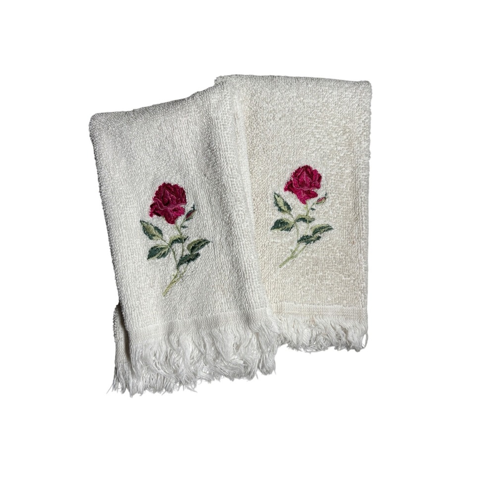 Vintage JCPenney Collection Embroidered Rose Hand Towels Fringed White Set of 2